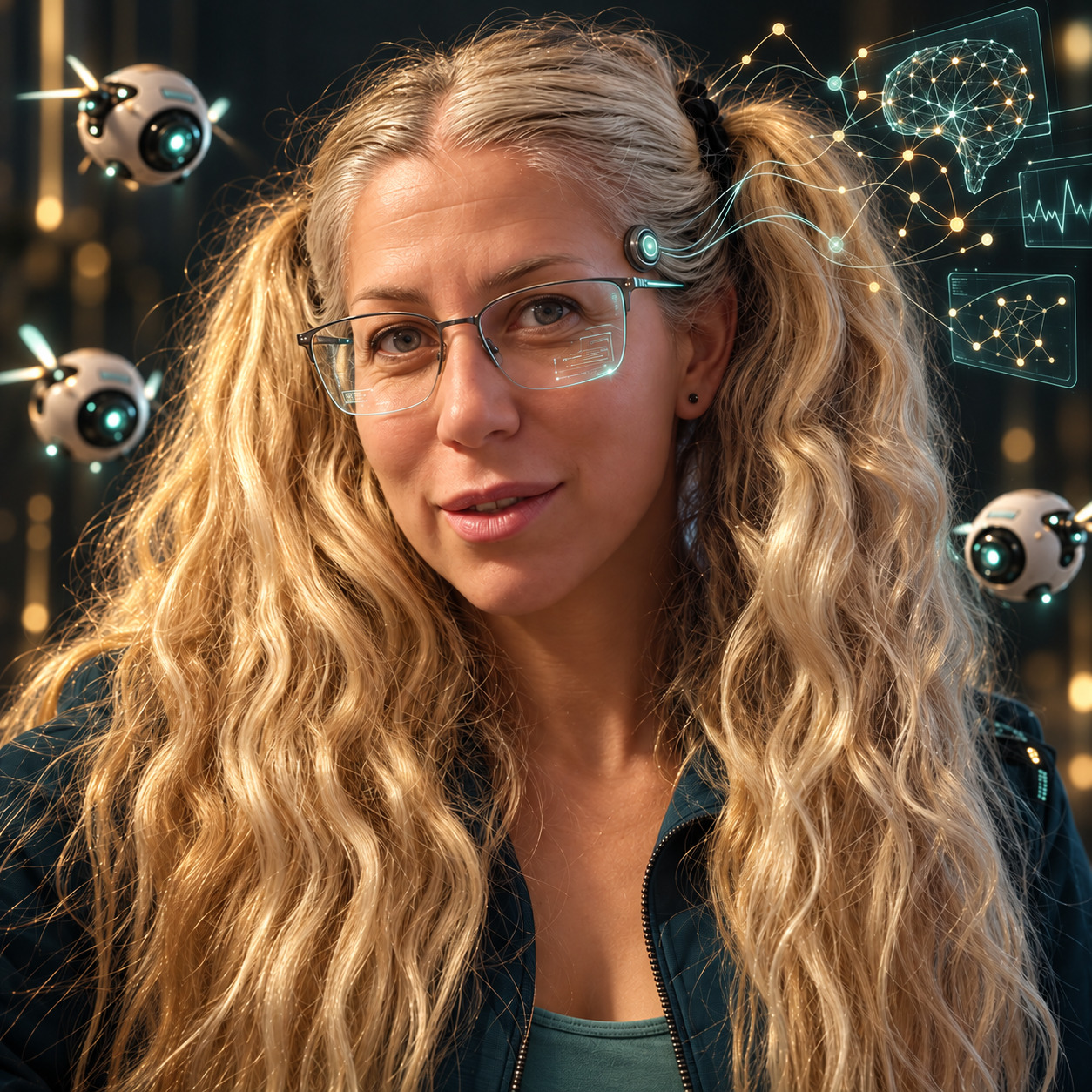 Illustrated portrait of Talex Maxim wearing smart glasses, with floating drones and gold-and-teal neural network displays